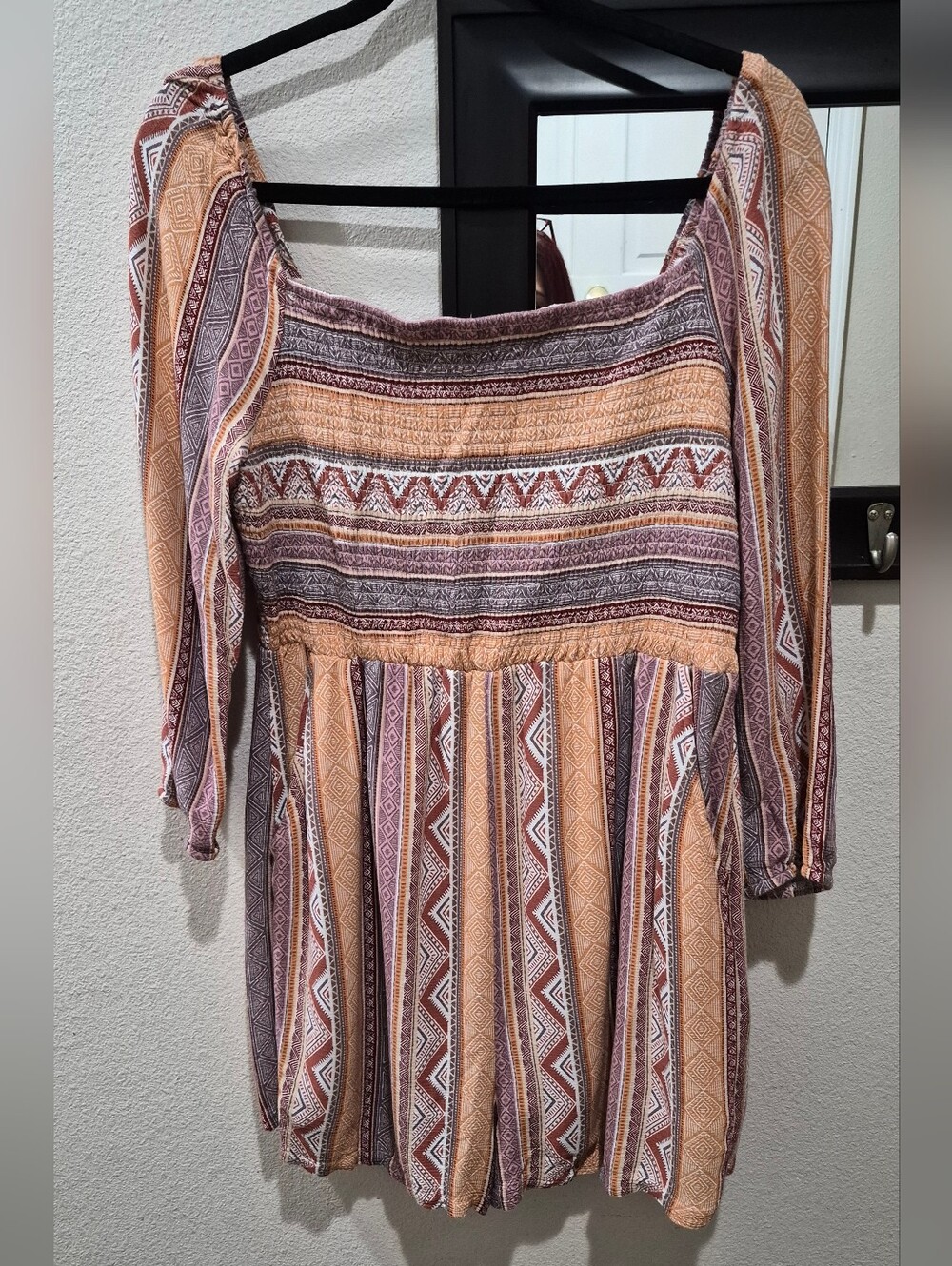 Easel Boho Smocked Printed Romper | Long Sleeve | Pockets | Size L